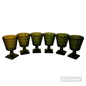 Vintage Set Of 6 Olive Green Indiana Glass Colony Park Lane Footed Goblets
